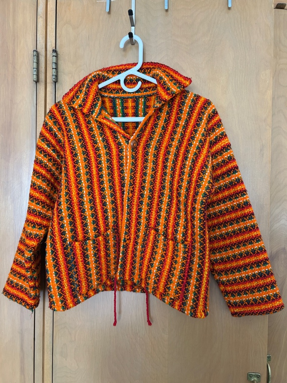 Handmade Multicolor Striped Hooded Jacket - Orange, Red, and Green